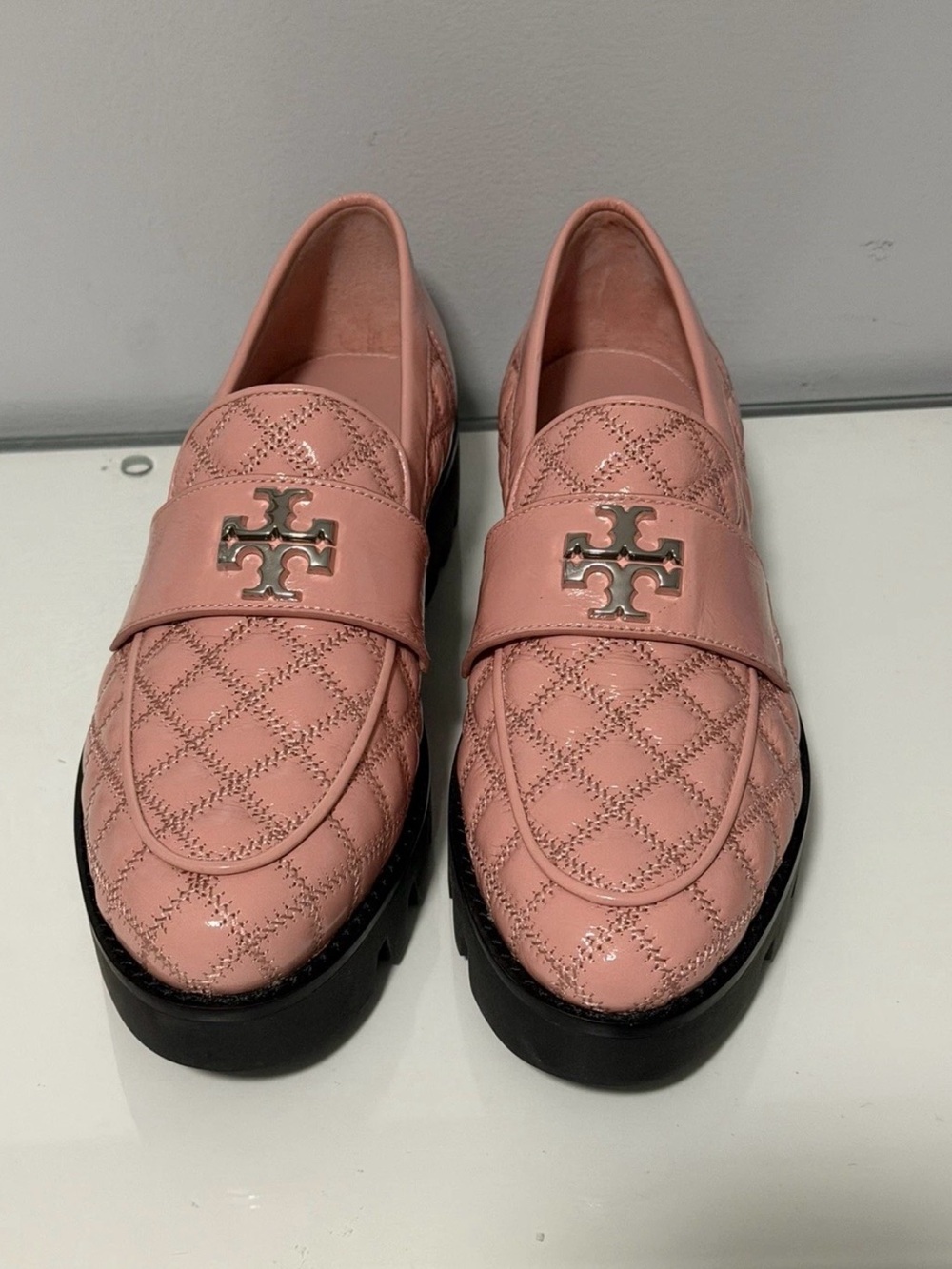 Tory Burch Blush Quilted Leather Loafers with Logo Accent